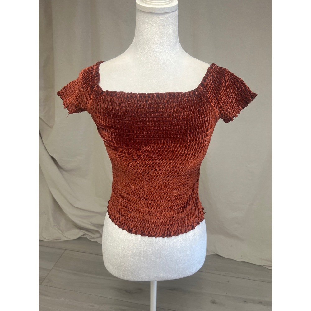 Retro Y2K Smocked Crop Top Rust Orange Velvet Short Sleeve Sz XS Festival Party - Picture 2 of 6